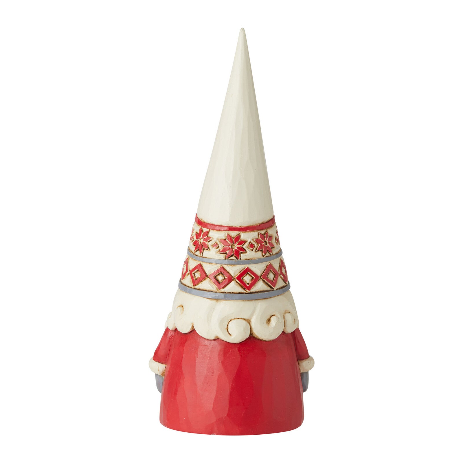 A decorative gnome figurine with a tall white pointed hat decorated with red and gold patterns, a red body, and a white beard, shown on a plain white background.
