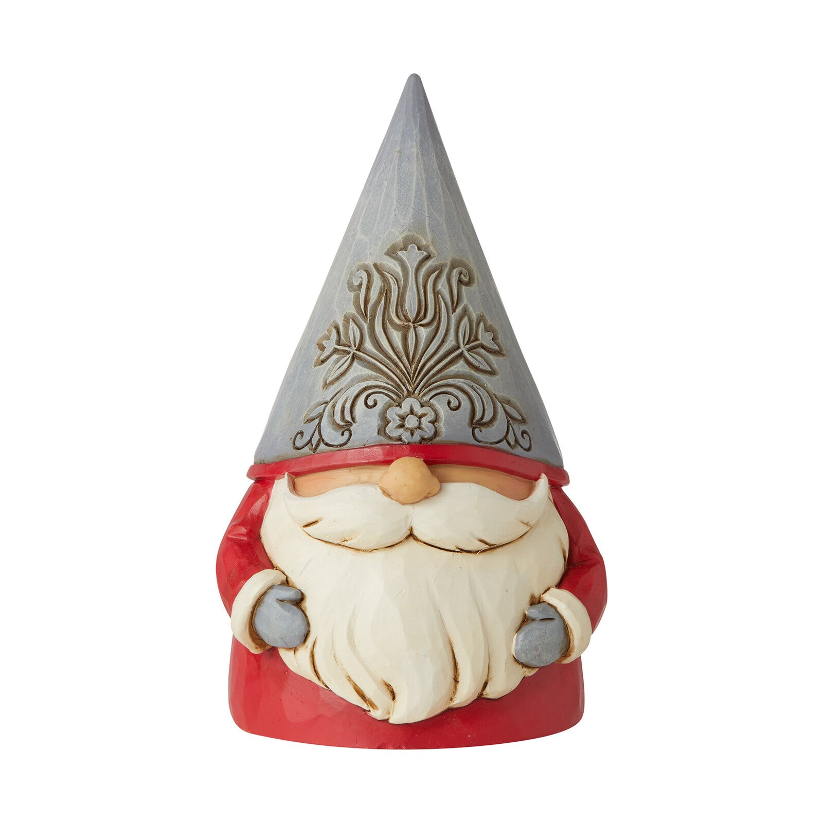 A decorative garden gnome figurine with a pointed silver hat featuring a gold ornamental pattern, a red coat, and a long cream beard, shown against a plain white background.