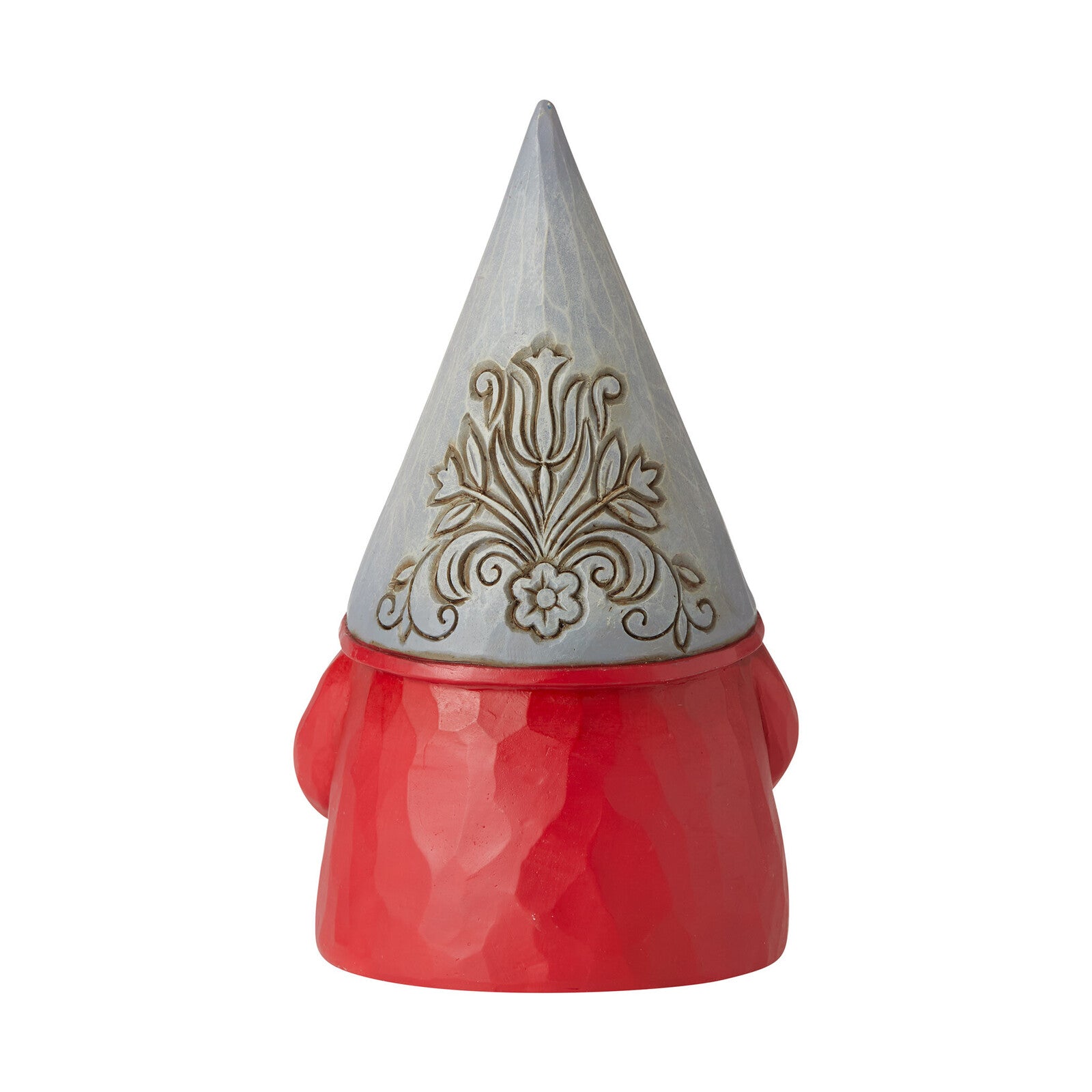 A small gnome figurine with a textured red body and a pointed silver hat decorated with a gold damask pattern, set against a plain white background.