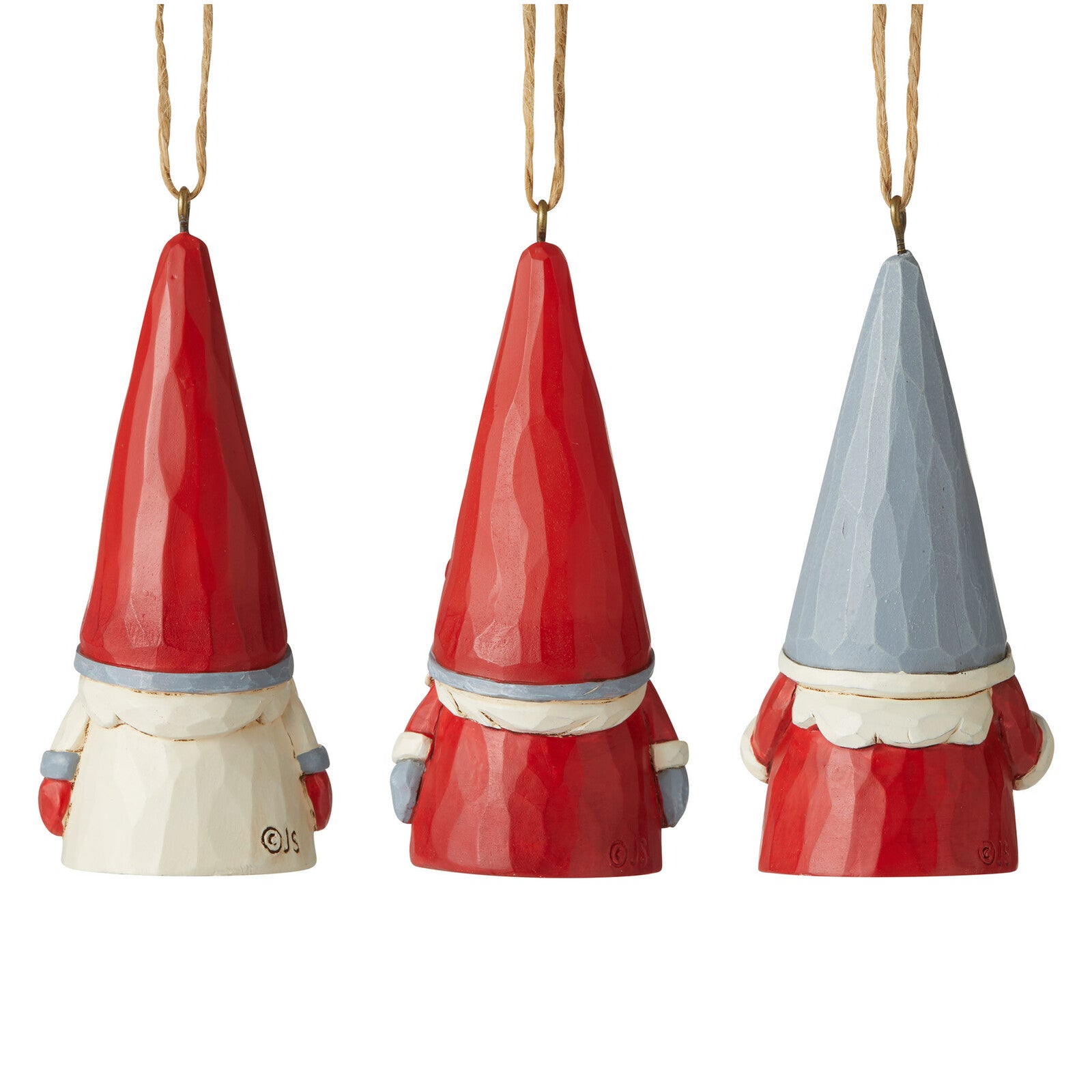 Three hanging Christmas gnome ornaments on a white background, each with a red pointed hat, cream beard, and blue-gray cuffs, with two red and one blue-gray hat.