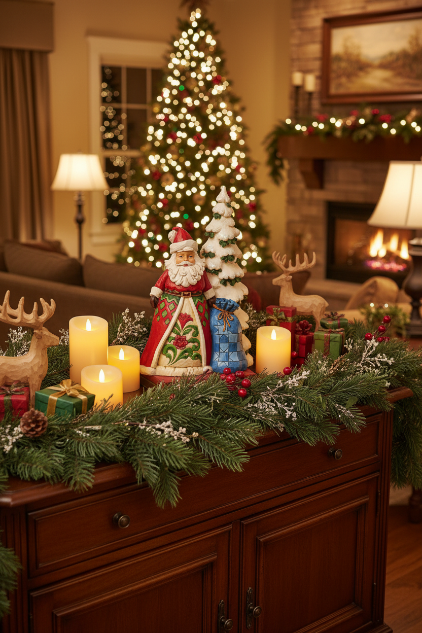 A decorative Santa Claus figurine wearing a red and green robe with a white beard, standing beside a snow-covered Christmas tree and a blue gift sack, photographed on a plain white background.