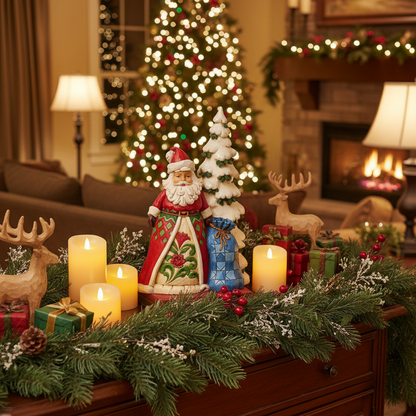 A decorative Santa Claus figurine wearing a red and green robe with a white beard, standing beside a snow-covered Christmas tree and a blue gift sack, photographed on a plain white background.
