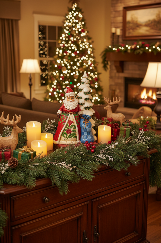 A decorative Santa Claus figurine wearing a red and green robe with a white beard, standing beside a snow-covered Christmas tree and a blue gift sack, photographed on a plain white background.