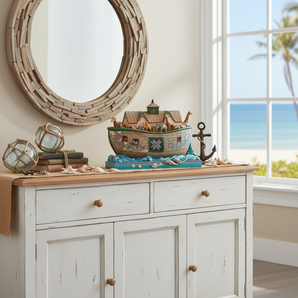 A styled coastal-themed interior scene featuring a white distressed wooden cabinet topped with a decorative Noah's Ark model ship, a black anchor, glass lanterns, books, and seashells, beneath a round wooden-framed mirror. A large window on the right shows a beach and ocean view.