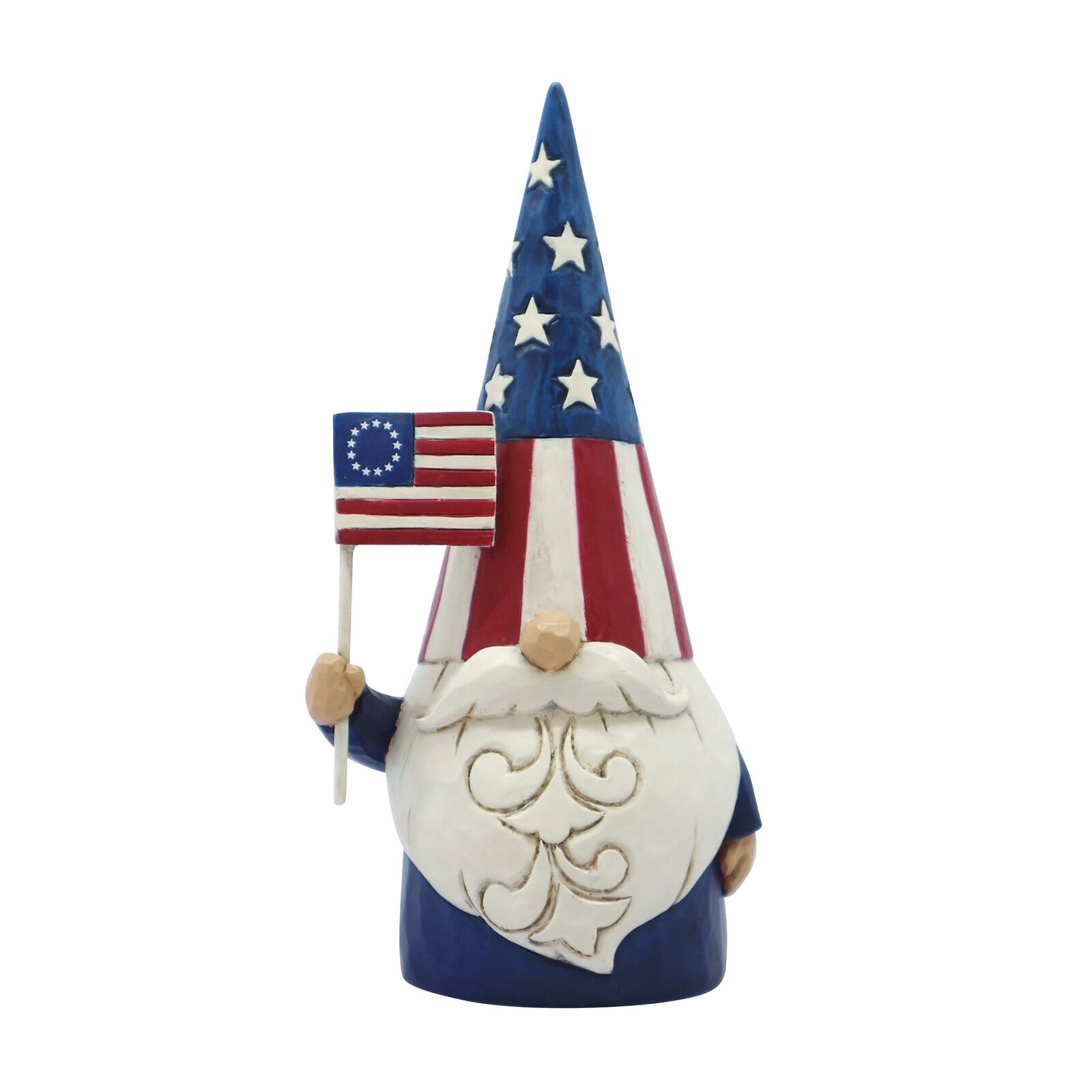 A patriotic garden gnome figurine with a tall pointed hat decorated like the American flag, holding a small Betsy Ross style flag. The gnome has a white beard with gold scrollwork details and a blue body, shown against a plain white background.