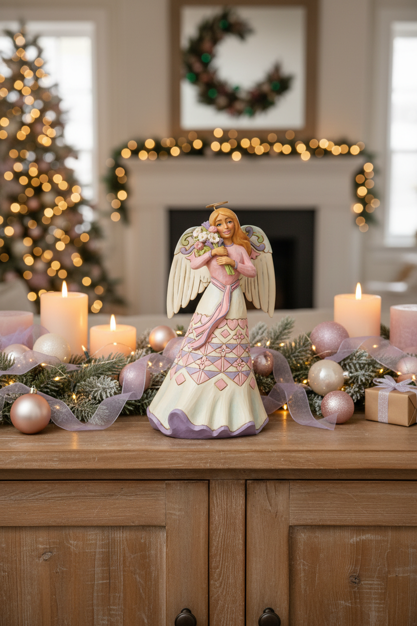 A ceramic Christmas angel figurine in a pink and cream dress stands on a wooden mantel decorated with candles, ornaments, and garlands, with a blurred holiday living room background.