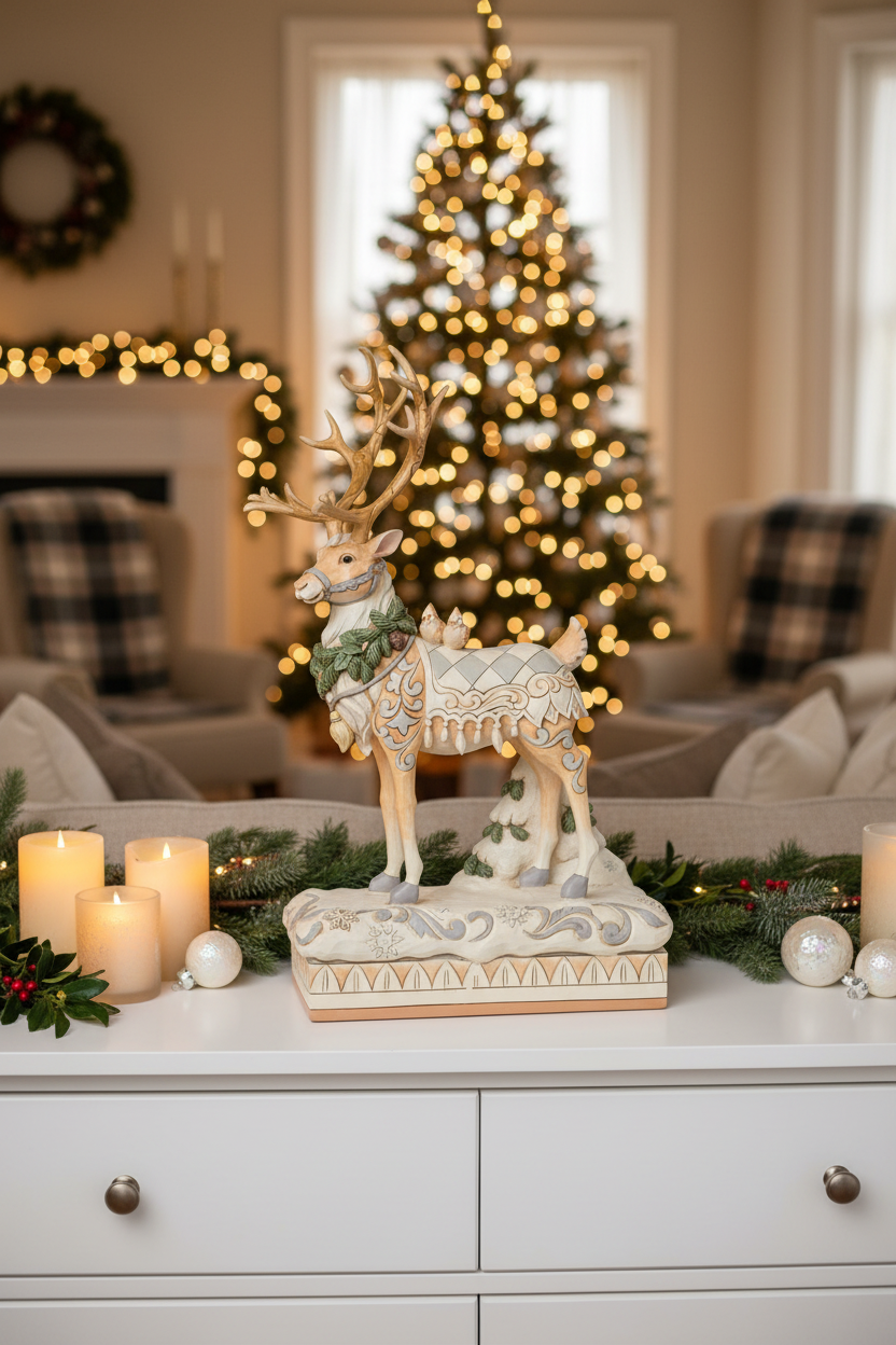 A decorative stag figurine with antlers, standing on a patterned winter base. The stag is cream and tan with a green wreath around its neck and a light blue and cream patterned saddle-like design on its back, set against a plain white background.