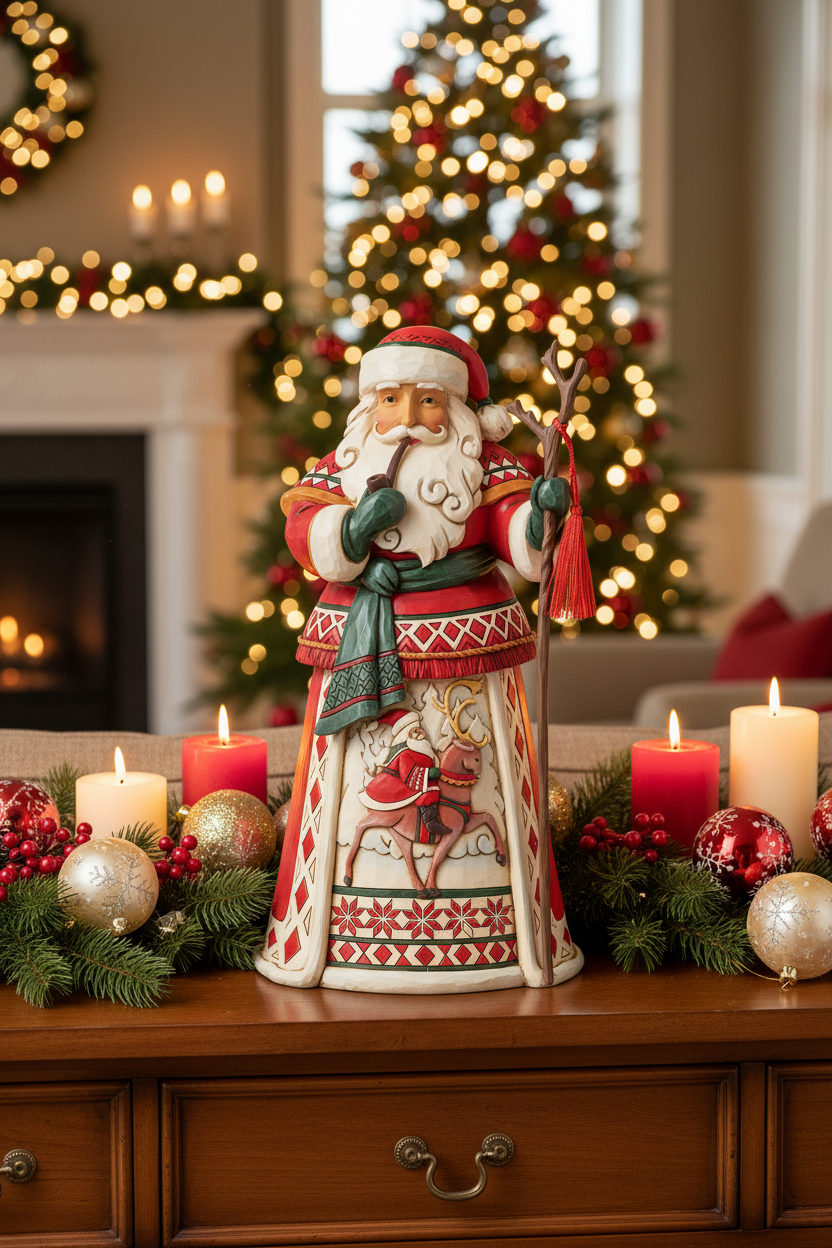 Decorative figurine of a traditional Santa Claus with a reindeer on a white background
