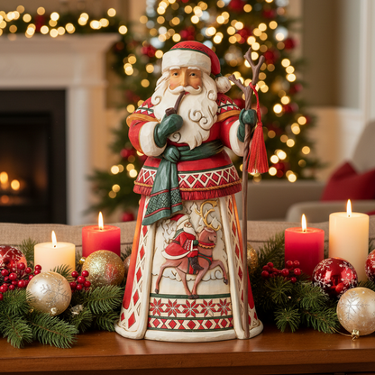 Decorative figurine of a traditional Santa Claus with a reindeer on a white background