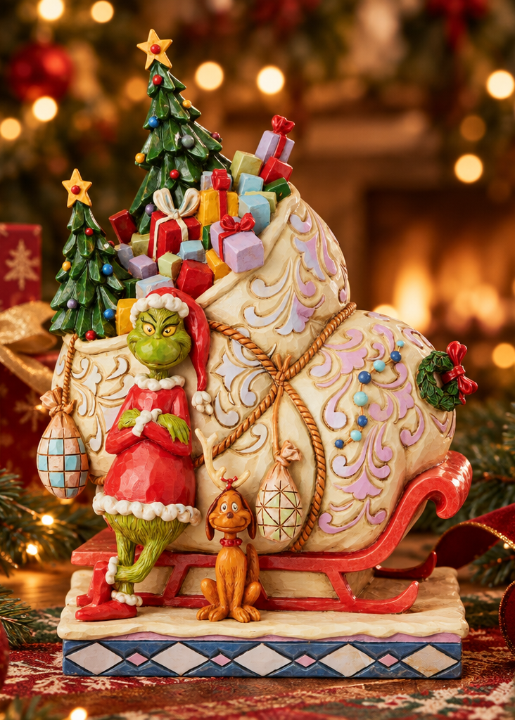 A festive Grinch and Dog Christmas ornament figurine showing the Grinch in a red Santa outfit standing beside a large sleigh filled with wrapped gifts and small Christmas trees, set against a blurred holiday background with warm lights.