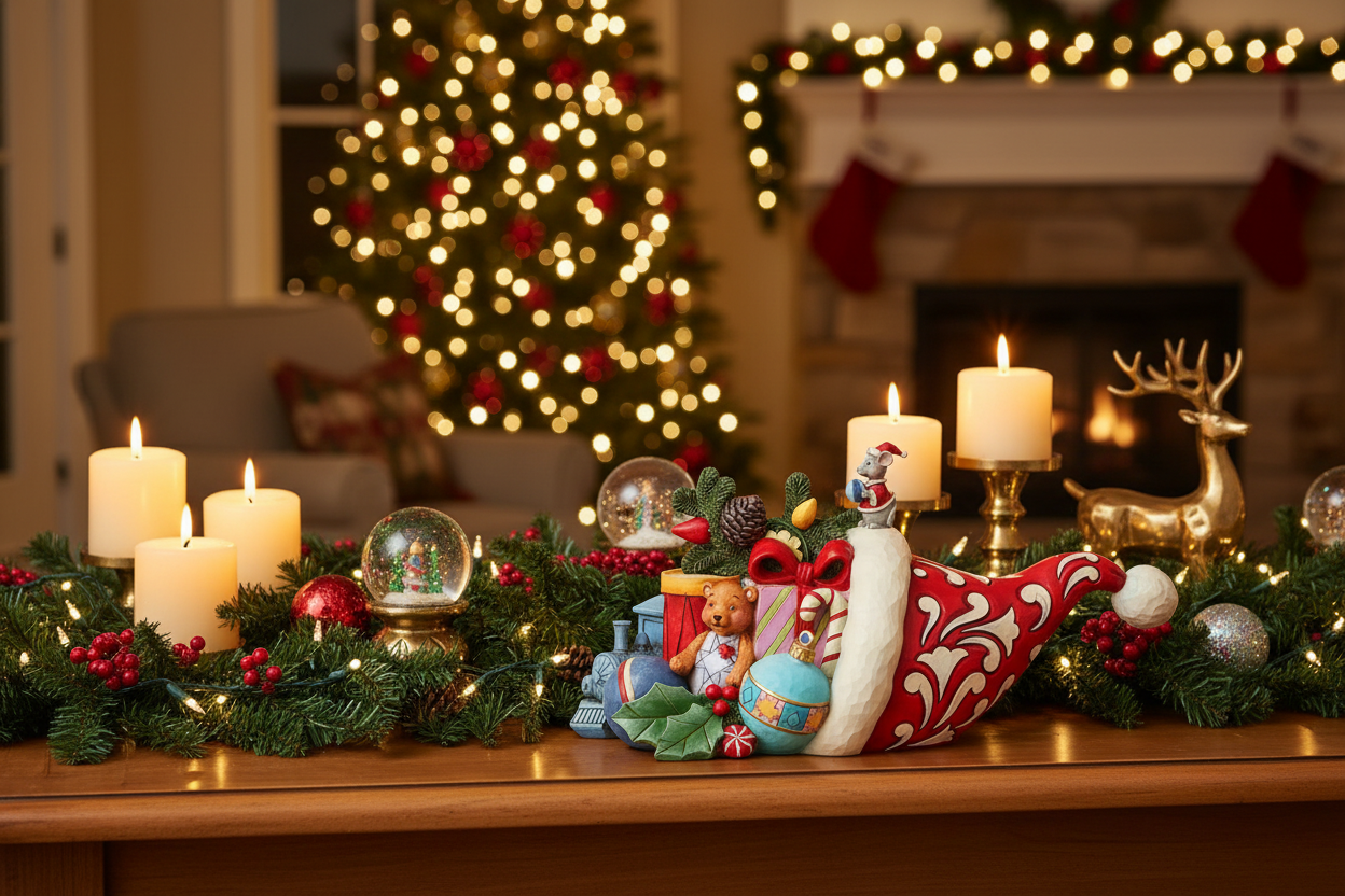 A festive Christmas holiday table centerpiece featuring a red and white Santa sack filled with gifts, surrounded by green garland, lit candles, ornaments, and a gold reindeer figurine, with a blurred decorated Christmas tree and fireplace in the background.