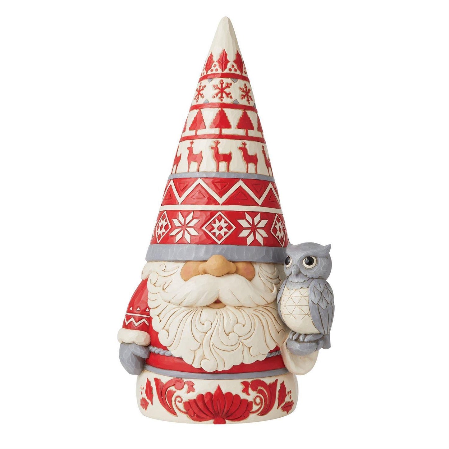 A decorative Christmas gnome figurine with a tall red-and-cream patterned hat, white beard, gray gloves, and a gray owl perched on its shoulder, shown on a plain white background.