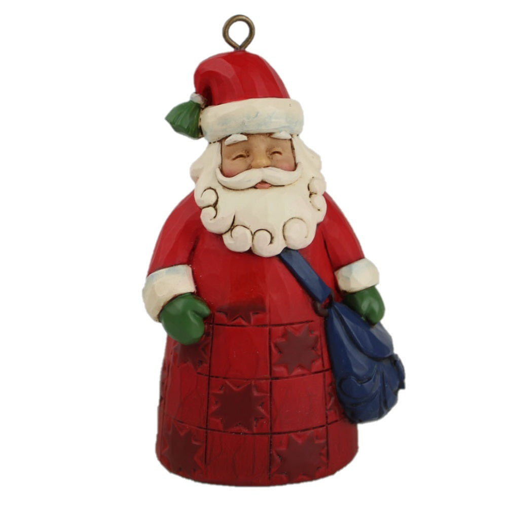 A Santa Claus figurine or ornament with a red suit, white beard and trim, green gloves, and a blue sack, shown against a plain white background.