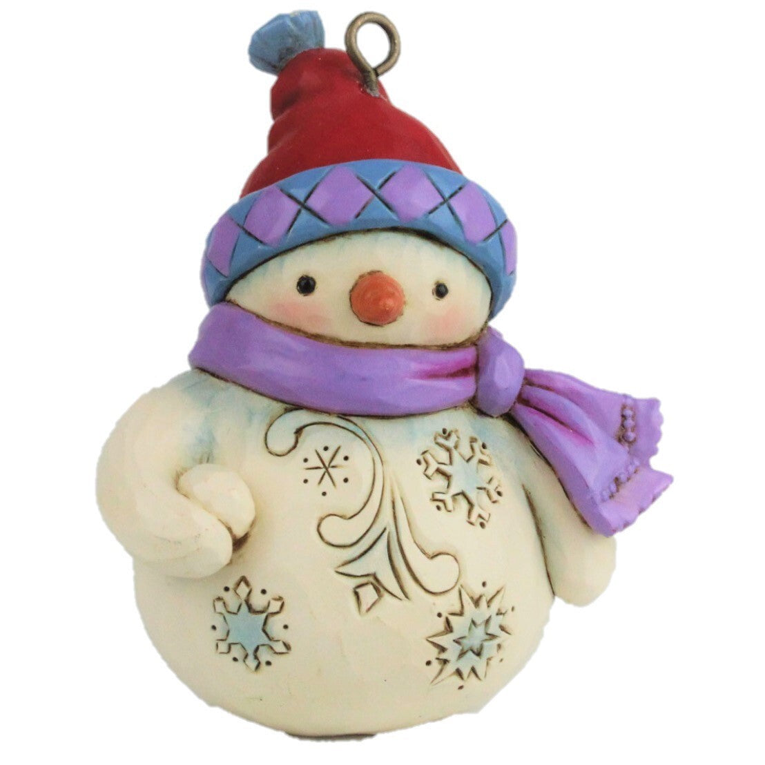 A decorative snowman ornament with a red and blue winter hat, purple scarf, and embroidered snowflake details on a white body, shown on a plain white background.
