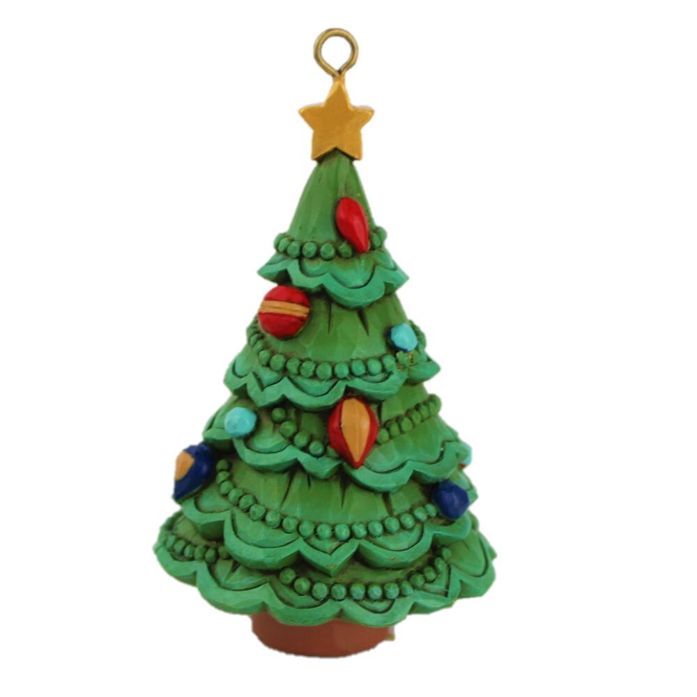 A small handcrafted Christmas tree ornament made of layered green material, decorated with colorful ornaments in red, orange, blue, and light blue, topped with a gold star and hanging loop.