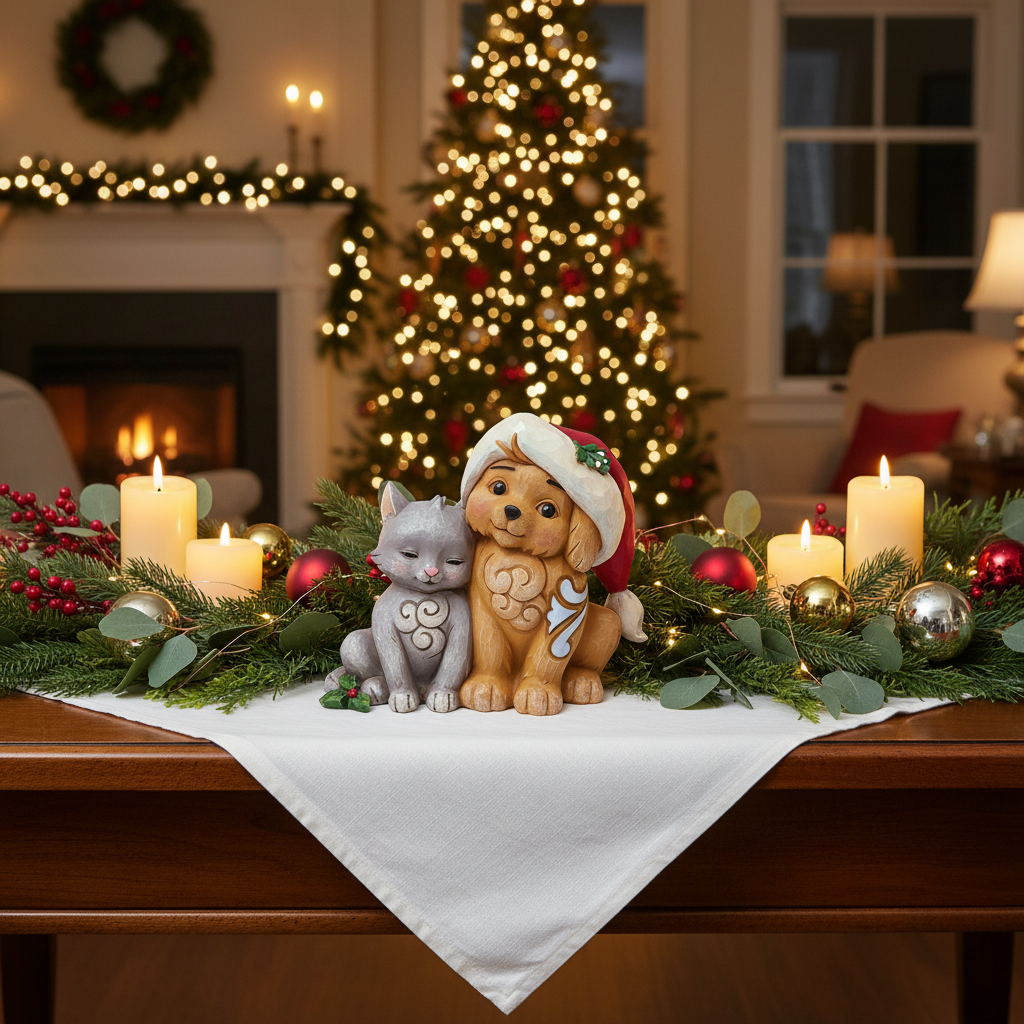 A festive holiday tabletop scene with a small gray cat and tan dog figurine wearing Santa hats, set on a white runner with candles, greenery, and red ornaments in front of a blurred Christmas tree and fireplace.