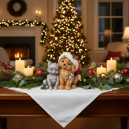 A festive holiday tabletop scene with a small gray cat and tan dog figurine wearing Santa hats, set on a white runner with candles, greenery, and red ornaments in front of a blurred Christmas tree and fireplace.