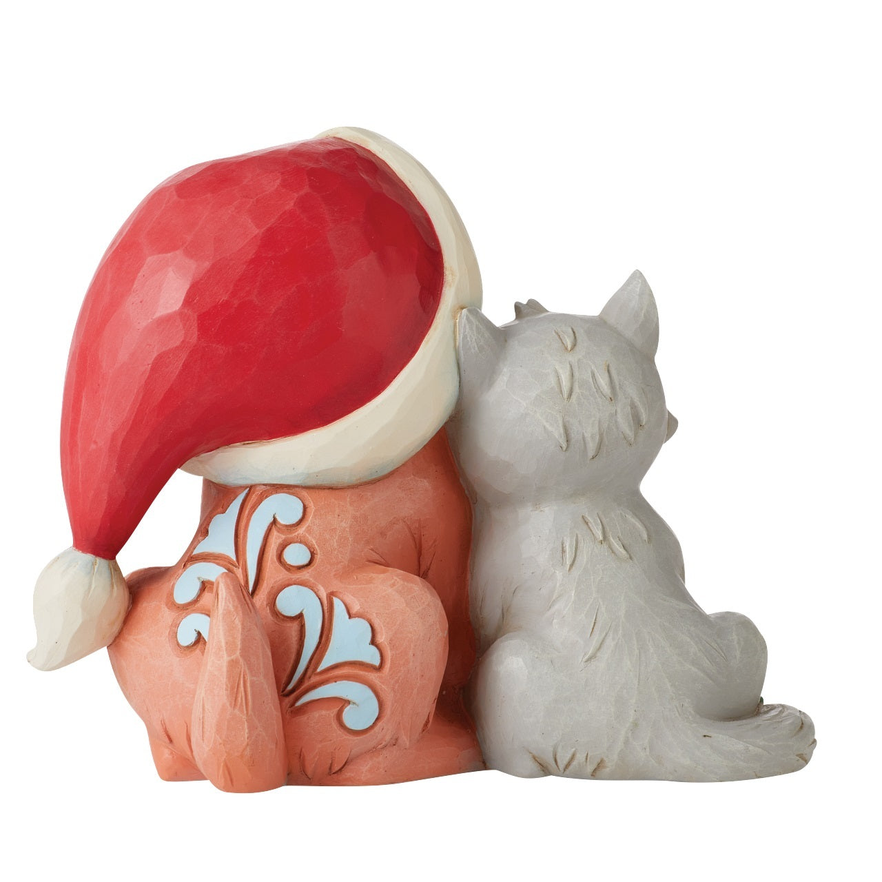 Decorative figurine of a gnome with a red hat and a cat on a white background