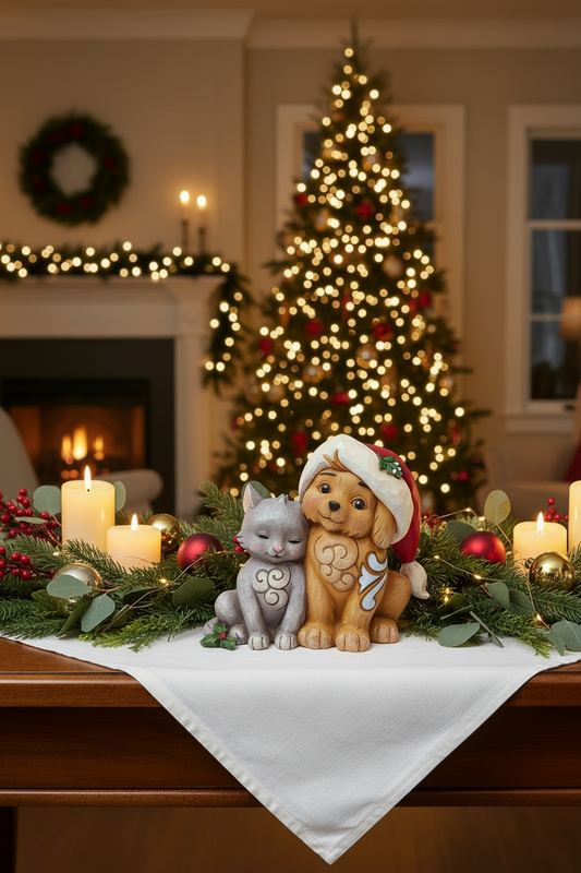 A festive holiday tabletop scene with a small gray cat and tan dog figurine wearing Santa hats, set on a white runner with candles, greenery, and red ornaments in front of a blurred Christmas tree and fireplace.