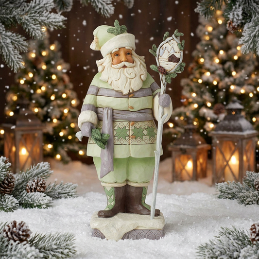 Decorative figure of a Santa Claus in a green and white outfit with a staff on a white background