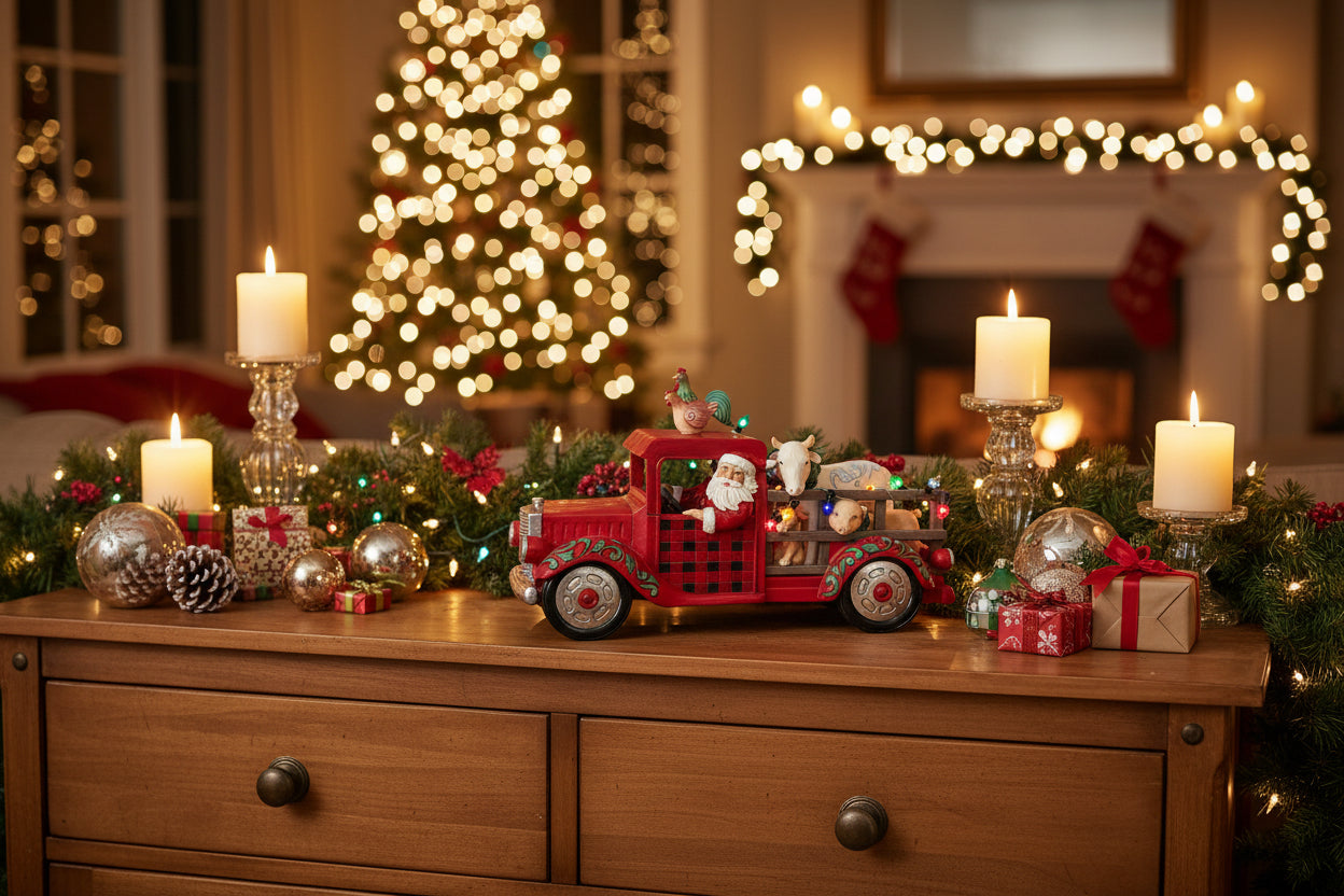 Decorative Christmas truck with Santa Claus and animals on a white background