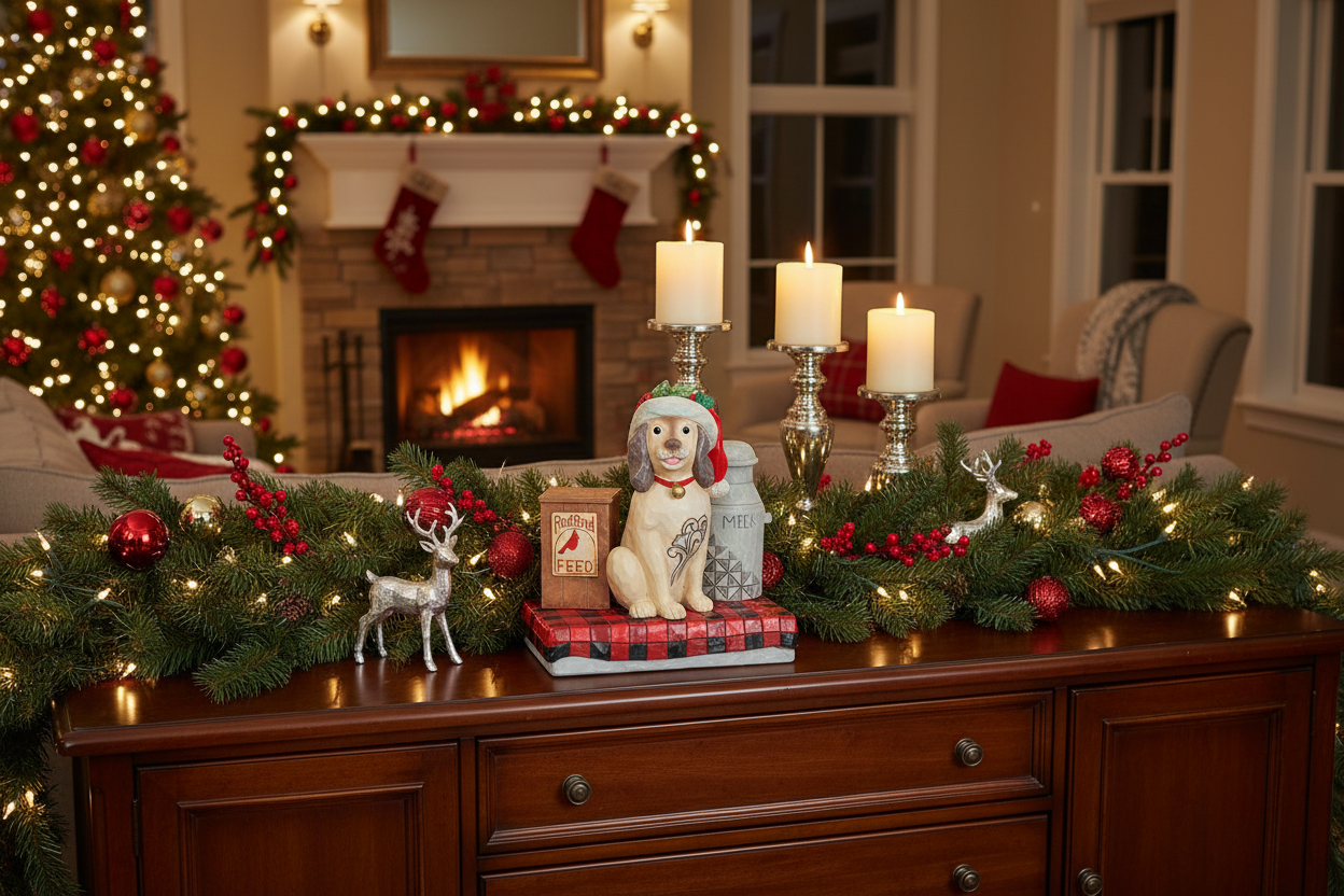 A decorative figurine of a beige dog wearing a red Santa hat and red collar, sitting beside a brown box labeled 'RedBird FEED' and a gray milk canister, all arranged on a red-and-black checkered base against a white background.