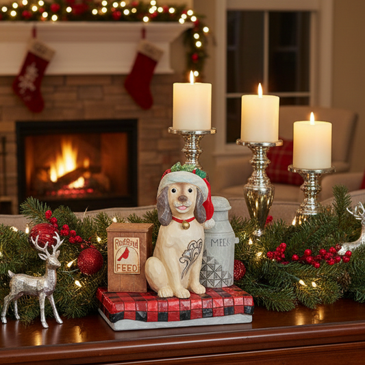 A decorative figurine of a beige dog wearing a red Santa hat and red collar, sitting beside a brown box labeled 'RedBird FEED' and a gray milk canister, all arranged on a red-and-black checkered base against a white background.