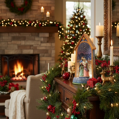 A beautifully decorated Christmas mantel in a cozy living room, featuring a pine garland with red berries and warm white string lights, a lit fireplace in the background, and a small illuminated nativity scene in a house-shaped frame.