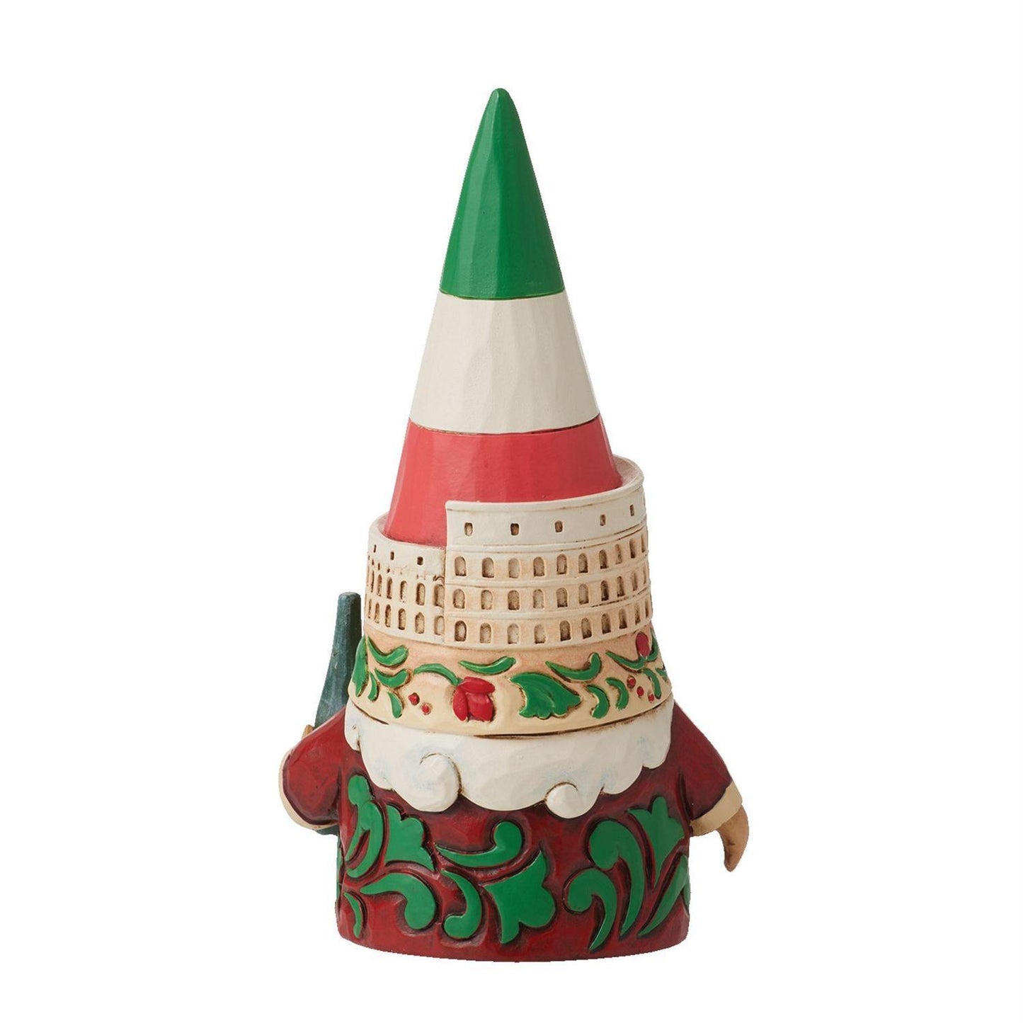 A decorative gnome figurine styled after the Colosseum, featuring a green, white, and red striped hat, a beige stone body with red and green scrollwork, and a white beard, set against a plain white background.