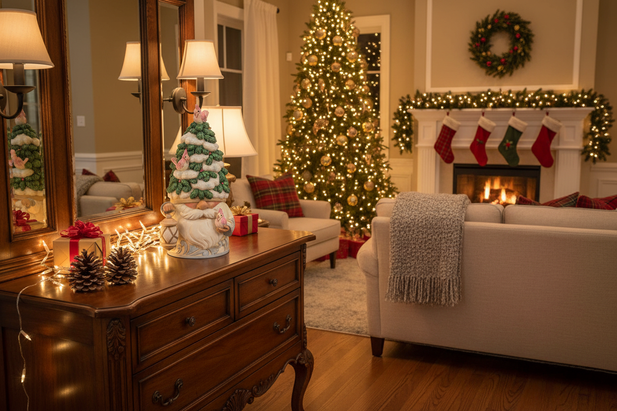 A beautifully decorated Christmas living room featuring a glowing Christmas tree, a warm fireplace with stockings, and a dark wood dresser in the foreground with holiday lights and a ceramic snow-covered tree figurine.