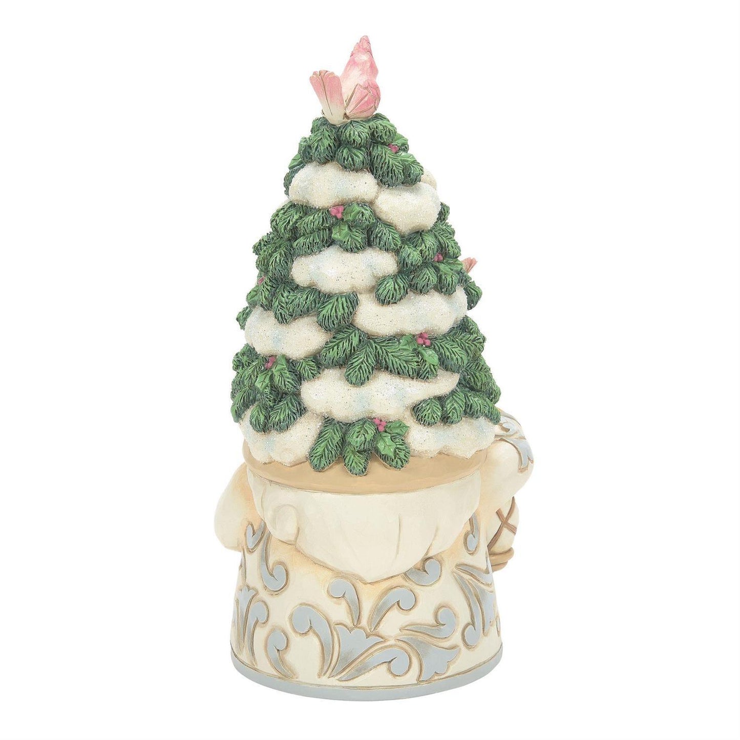 A decorative gnome figurine wearing a winter hat with a small green pine tree covered in white snow ornaments on top, set against a plain white background.