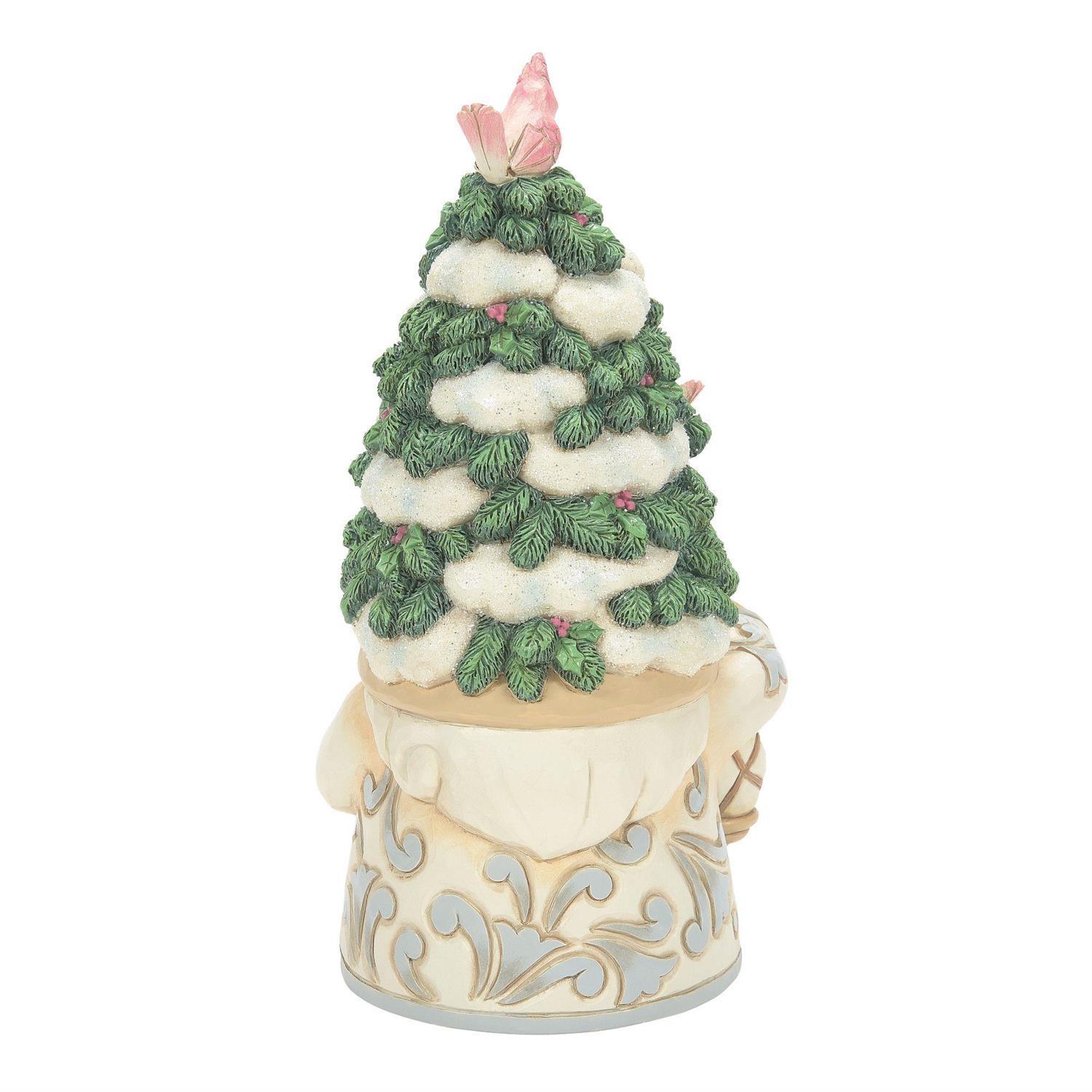 A decorative gnome figurine wearing a winter hat with a small green pine tree covered in white snow ornaments on top, set against a plain white background.