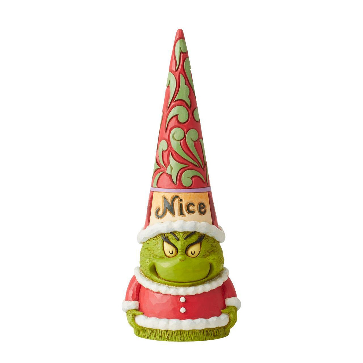 A Grinch-themed holiday gnome figurine wearing a tall red and green patterned hat with 'Nice' written on it, a red sweater with white trim, and a green face and hands, shown on a plain white background.