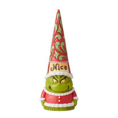 A Grinch-themed holiday gnome figurine wearing a tall red and green patterned hat with 'Nice' written on it, a red sweater with white trim, and a green face and hands, shown on a plain white background.