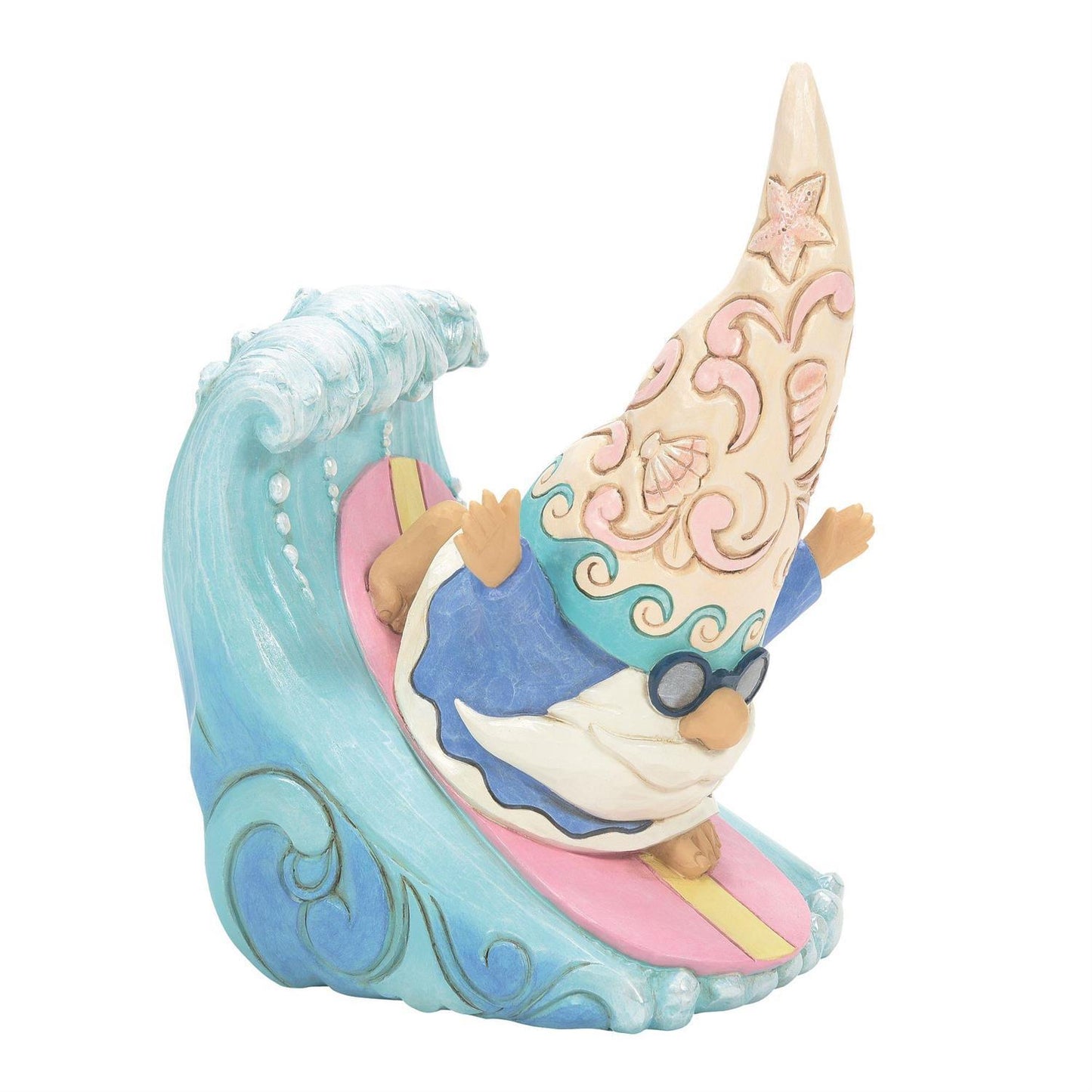 Gnome figurine with a decorative hat on a wave, on a white background