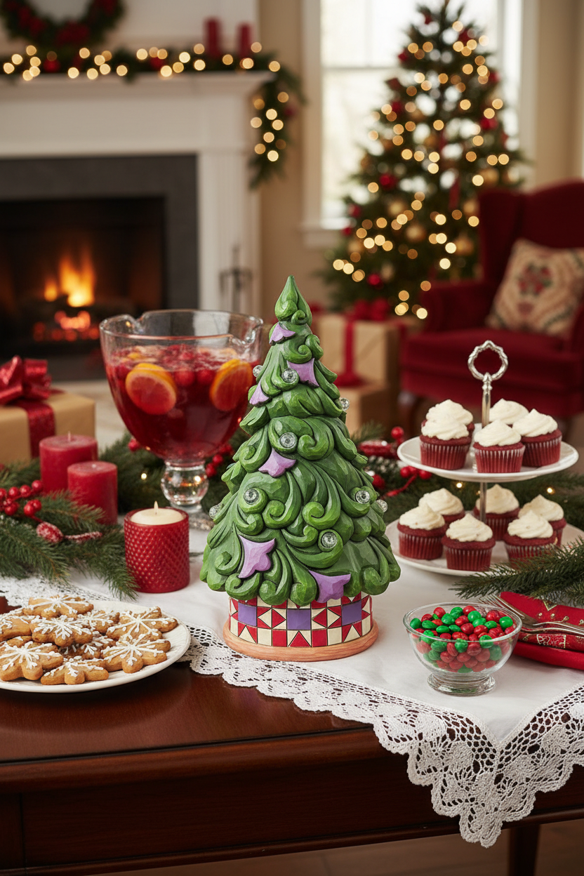 A decorative sculpted Christmas tree with swirling green branches, purple ornaments, clear glass-like baubles, and a patterned red, purple, and white base on a white background.