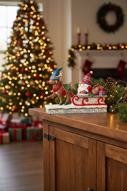 A decorative Santa Claus and sleigh figurine on a white background. The scene shows Santa in a red hat and coat pulling a red sleigh, with a brown reindeer wearing a blue hat and green and red saddle blanket, and gift boxes on the sleigh.