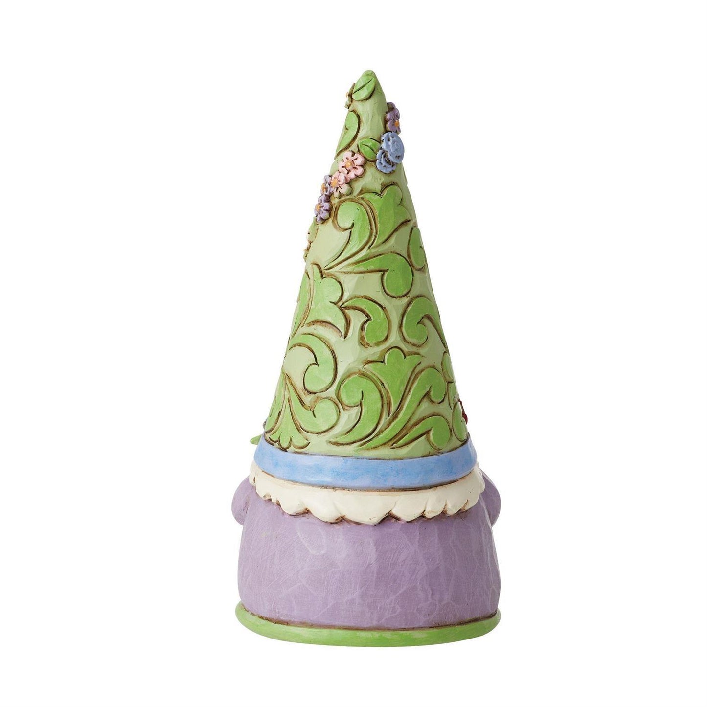 A decorative gnome figurine with a pointed green hat featuring green scrollwork patterns, a light blue band, and a purple body with a green base, shown on a plain white background.