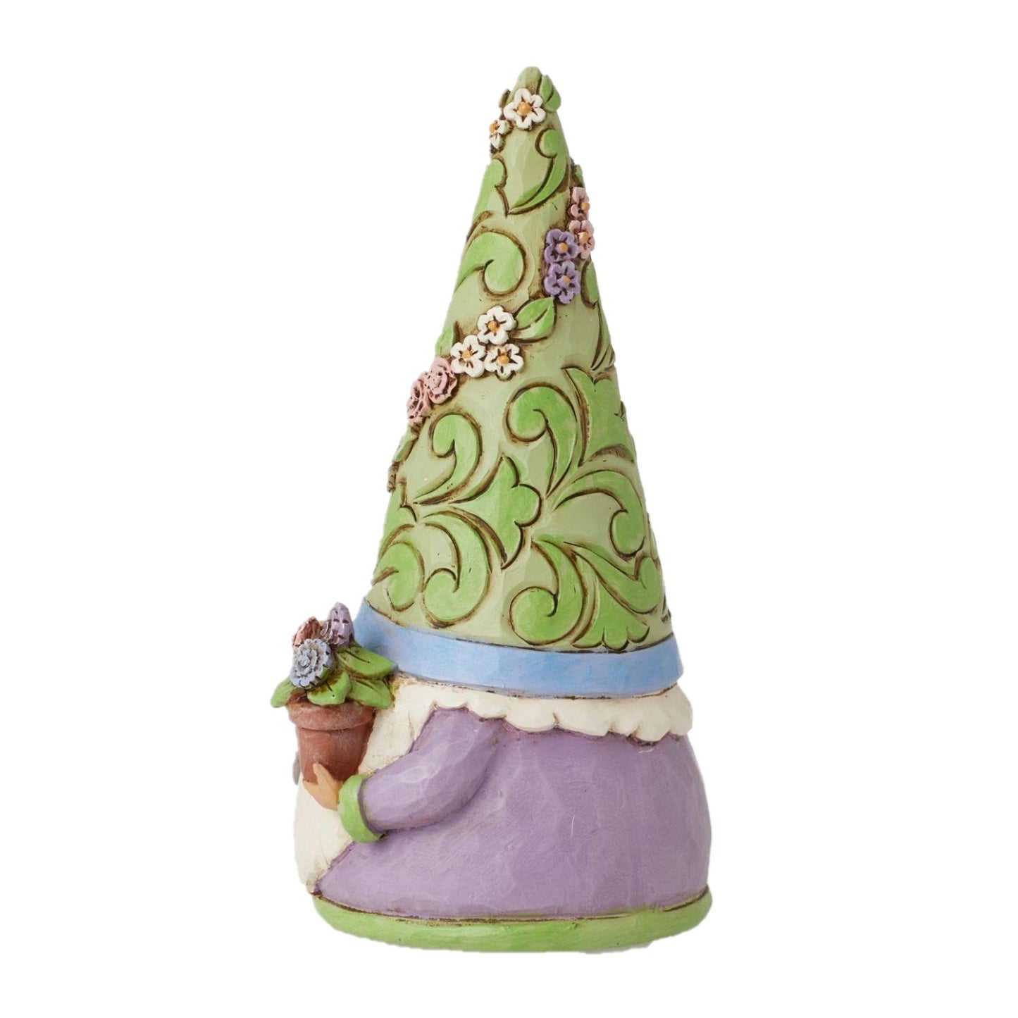 A decorative garden gnome figurine with a tall pointed light green hat decorated with green scrollwork and small flowers, a light blue band, a lavender-purple body, and a small potted flower.