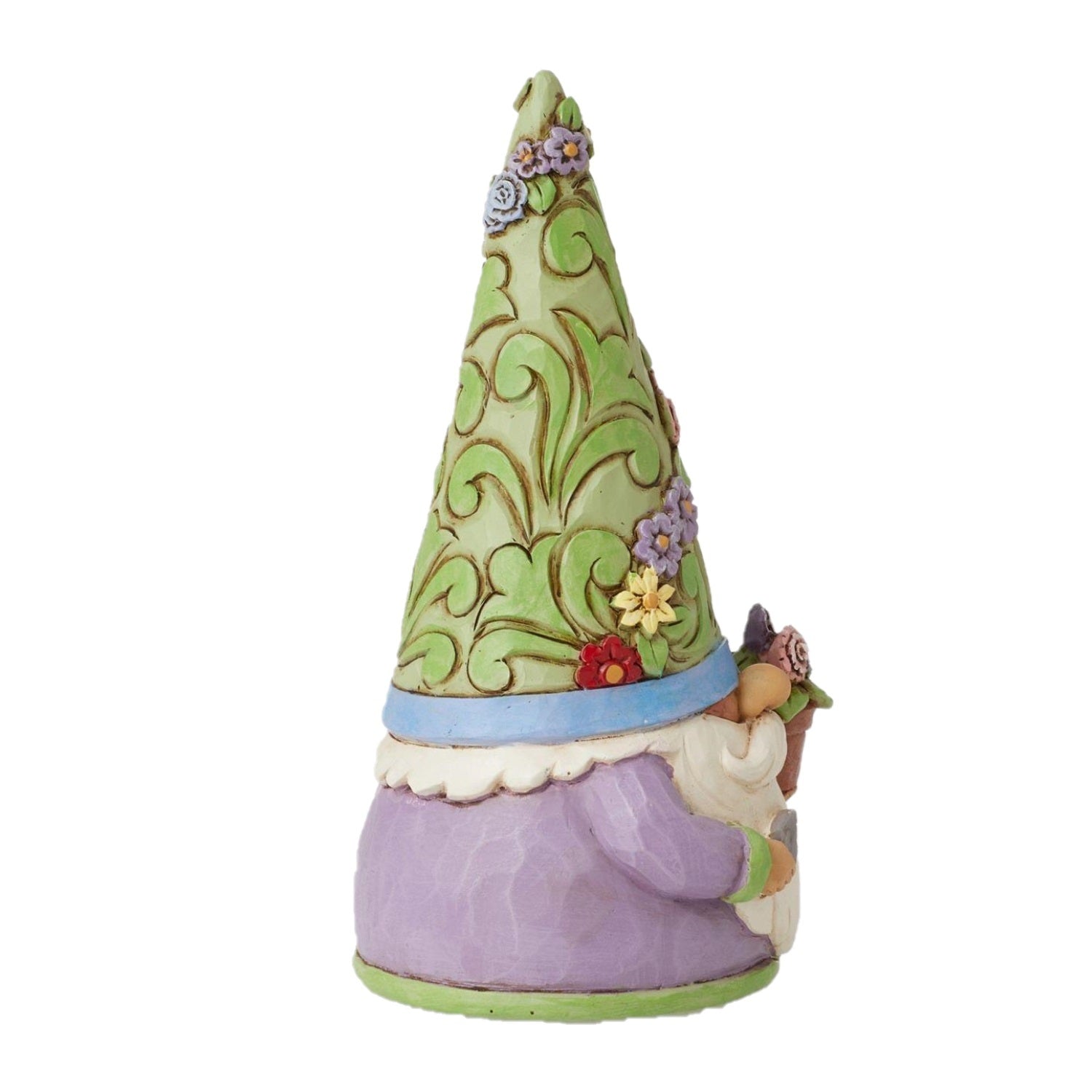 A decorative garden gnome figurine with a tall light green hat decorated with green swirls and small flowers, a lavender-purple body, white beard, and a small brown hat on its head, shown on a plain white background.