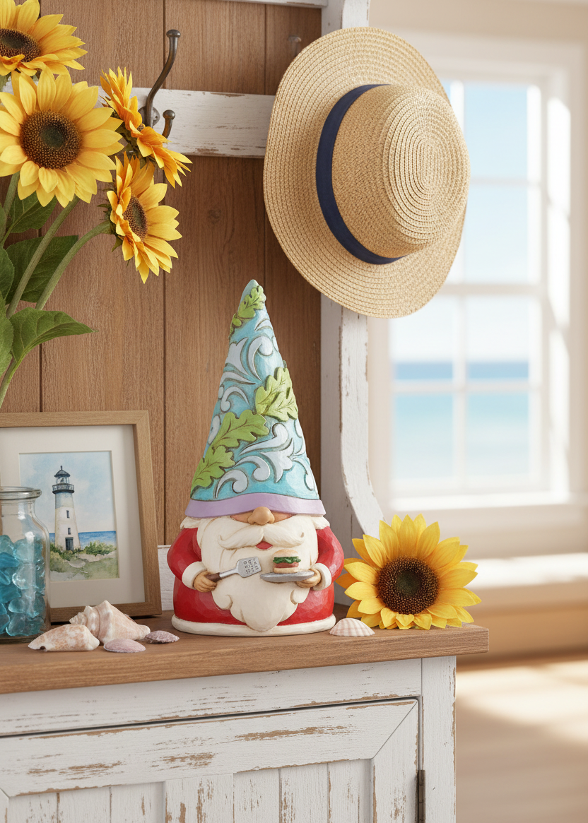 A decorative garden gnome figurine sits on a white wooden cabinet in a bright, coastal-themed room. The gnome has a tall blue and green patterned hat, a red coat, and a white beard, holding a small dish.
