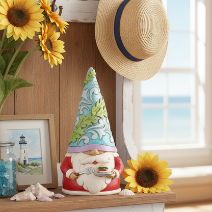 A decorative garden gnome figurine sits on a white wooden cabinet in a bright, coastal-themed room. The gnome has a tall blue and green patterned hat, a red coat, and a white beard, holding a small dish.