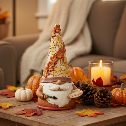 A decorative autumn gnome figurine sits on a rustic wooden table in a cozy living room setting, surrounded by small pumpkins, pinecones, fall leaves, and a lit candle. The gnome has a tall patterned hat and a white beard.