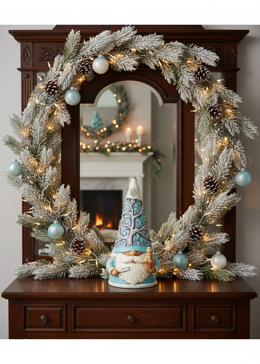 A festive Christmas wreath with white-flocked pine branches, warm string lights, blue ornaments, and pinecones displayed on a dark wood console table in front of a mirror. A small gnome figurine sits on the table.