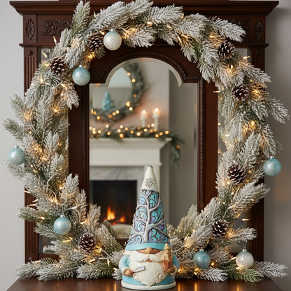 A festive Christmas wreath with white-flocked pine branches, warm string lights, blue ornaments, and pinecones displayed on a dark wood console table in front of a mirror. A small gnome figurine sits on the table.