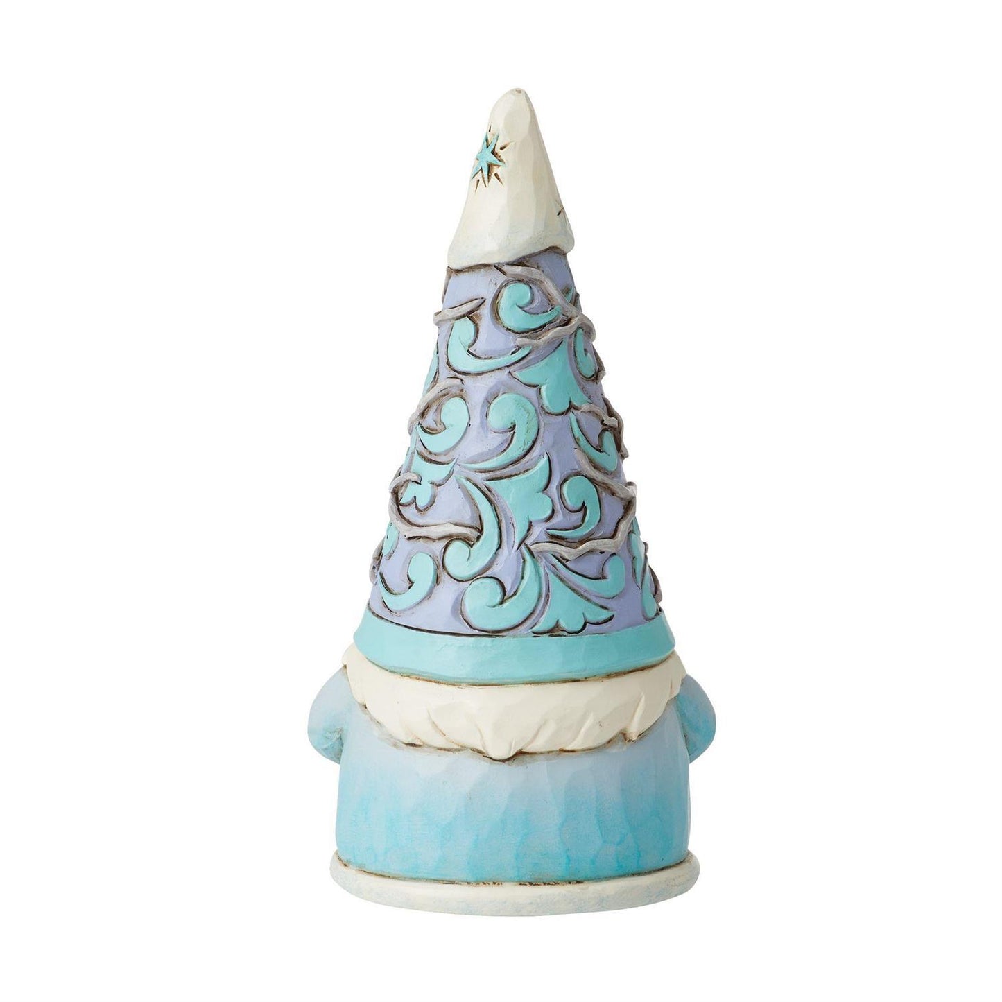 A decorative gnome figurine wearing a pointed hat with a white top, lavender middle section, and turquoise scrollwork, set against a plain white background.