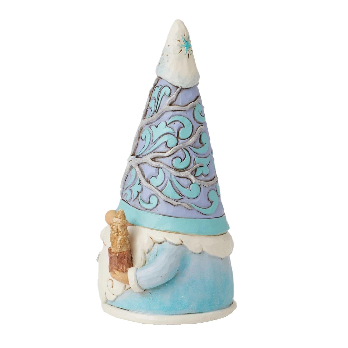 A decorative gnome figurine with a tall pointed hat decorated with turquoise and lavender scrollwork, a light blue body, white trim, and a small brown bag in one hand, shown on a plain white background.