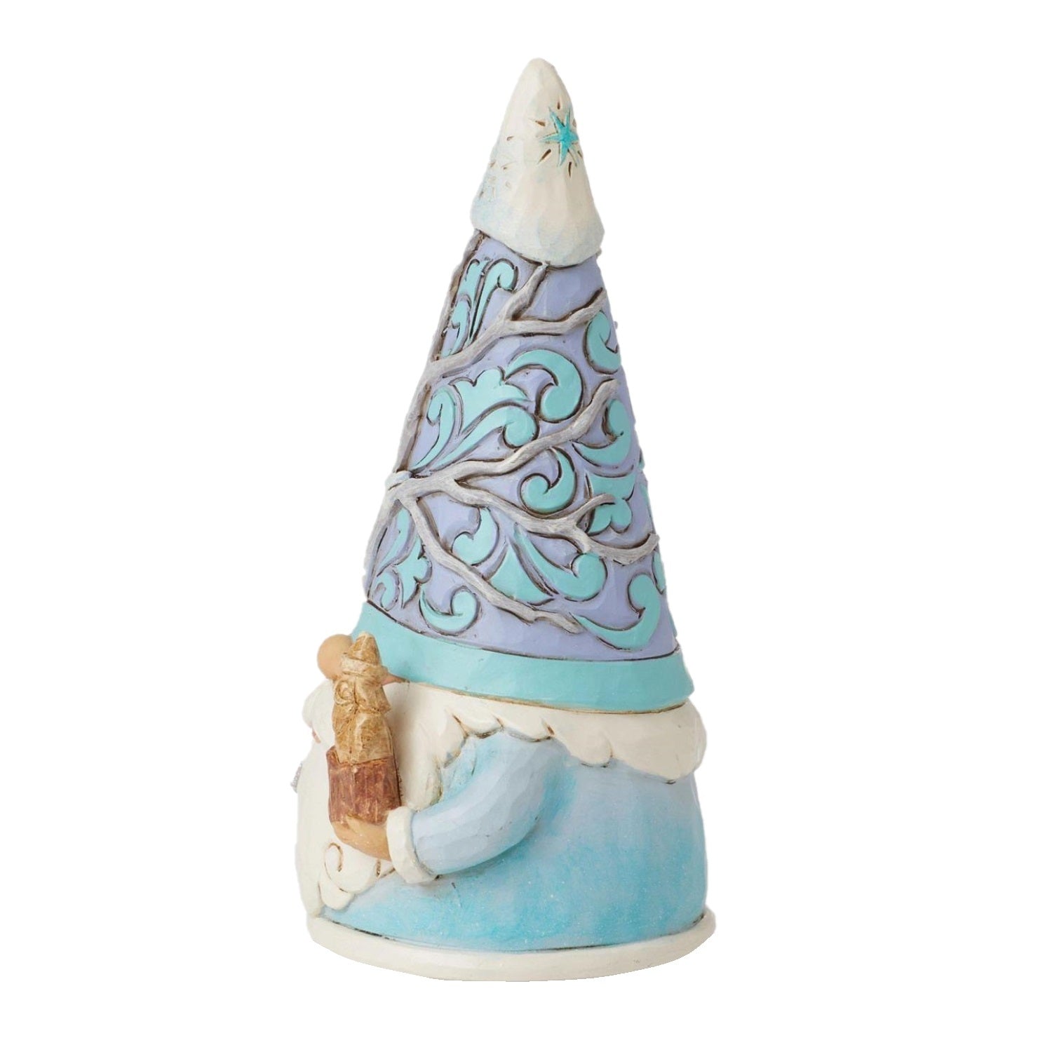 A decorative gnome figurine with a tall pointed hat decorated with turquoise and lavender scrollwork, a light blue body, white trim, and a small brown bag in one hand, shown on a plain white background.