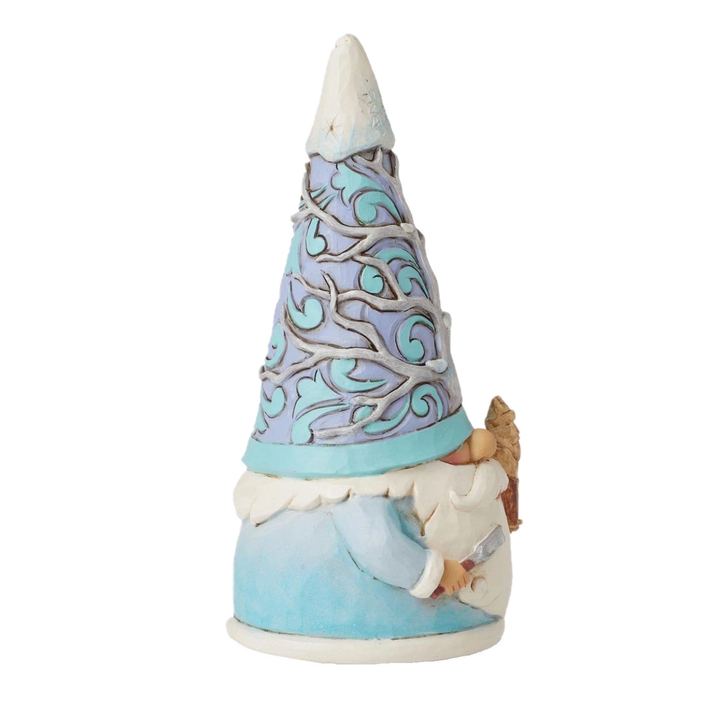 A decorative gnome figurine with a tall pointed hat featuring blue and lavender swirl patterns, a light blue body, and a small brown dog sitting beside it, shown on a plain white background.