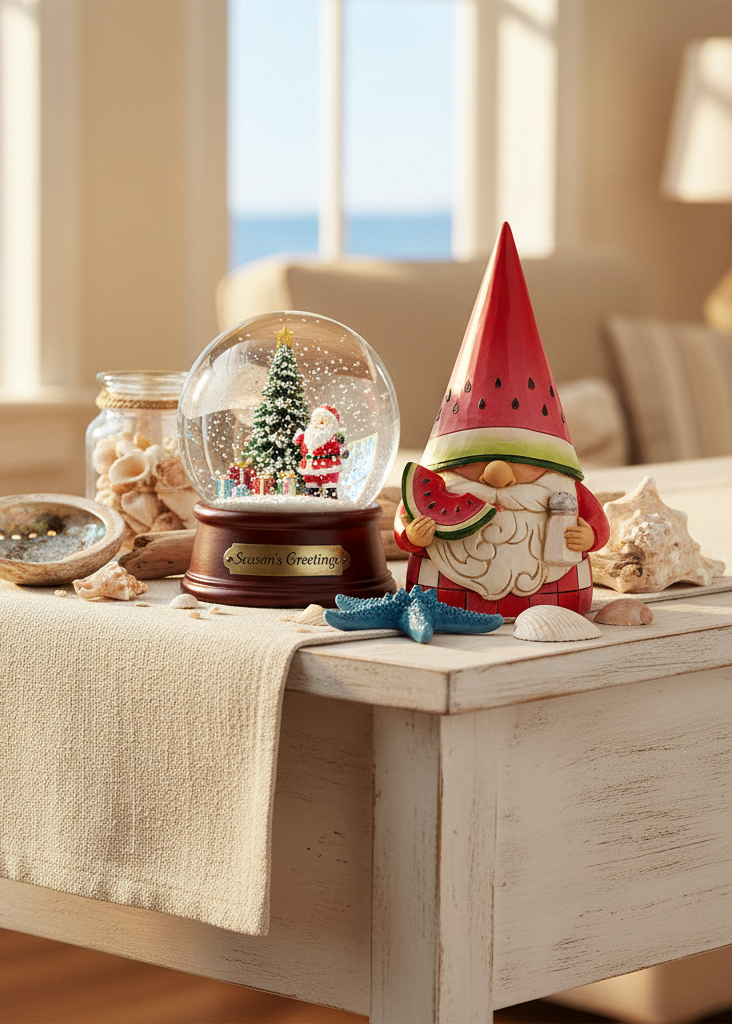 A styled tabletop scene in a bright room with a white table runner, shells, and a glass snow globe. The main sellable item appears to be the red-and-white gnome figurine holding a watermelon slice, placed prominently on the table; a Santa-themed snow globe and other decor are also visible as props.
